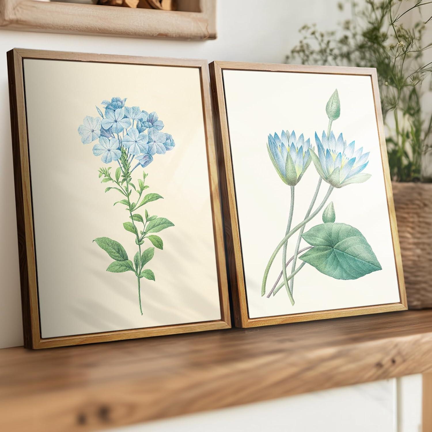 Vintage Botanisches Leinwandbild mit Holzrahmen 30x40cm - Blauer Lotus