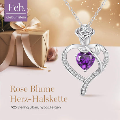 Herz Halskette Damen Rosegold mit Geburtsstein aus 925 Sterling Silber