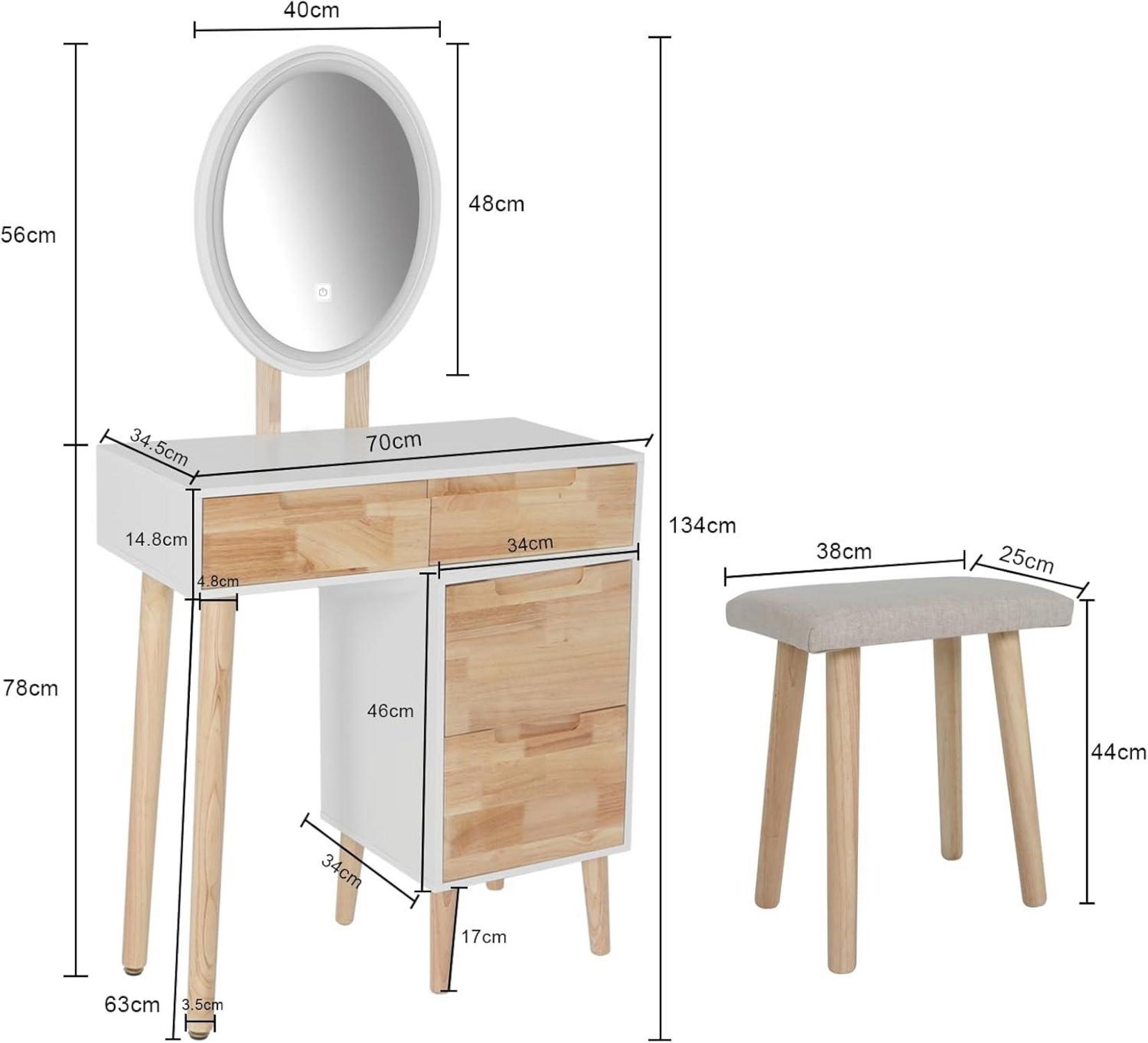 Schminktisch mit LED-Beleuchtung, Gepolsterter Hocker, 3 Farben, 4