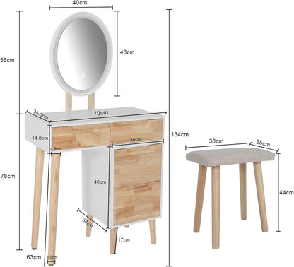Schminktisch mit LED-Beleuchtung, Gepolsterter Hocker, 3 Farben, 4