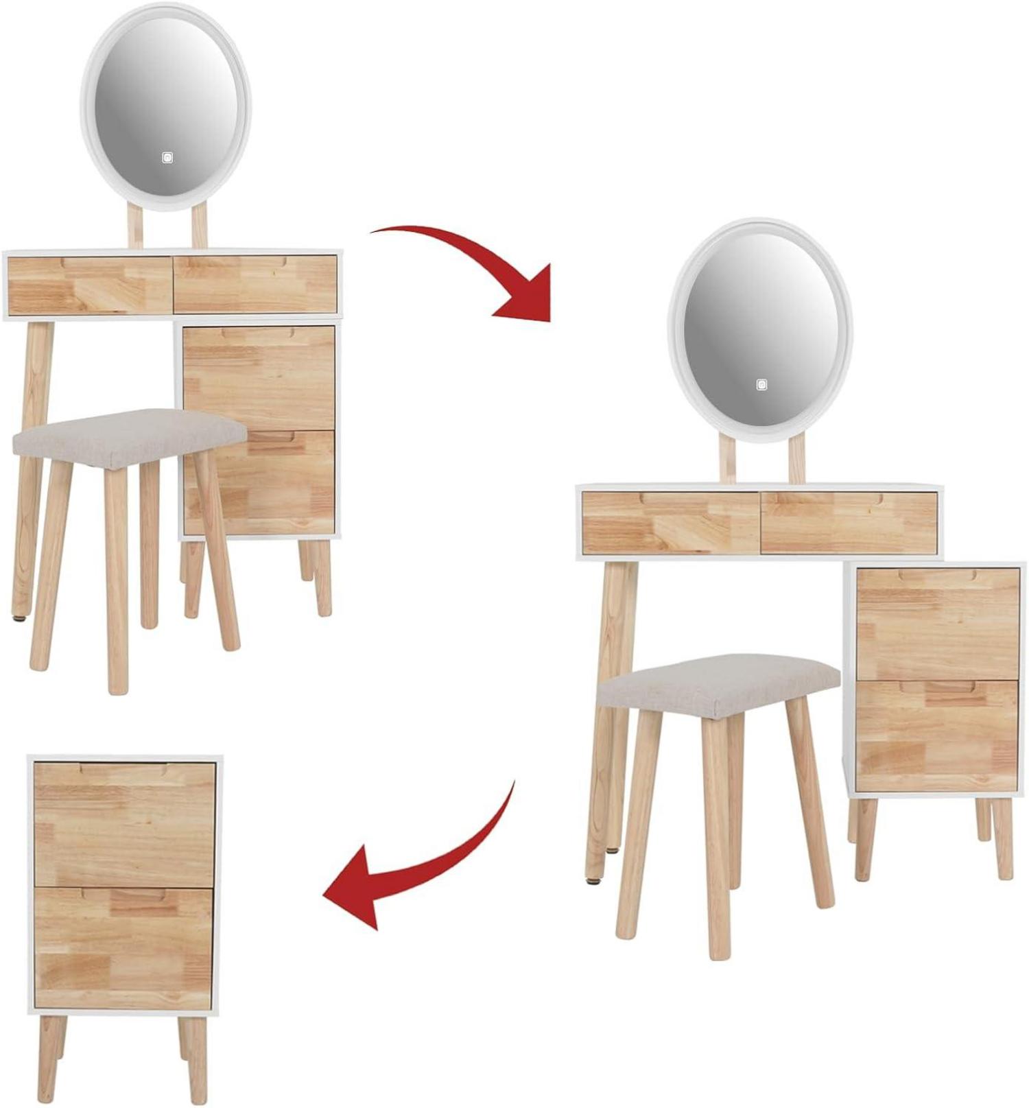 Schminktisch LED-Beleuchtung, 4 Schubladen, Gepolsterter Hocker - Oval Eiche