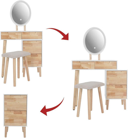 Schminktisch LED-Beleuchtung, 4 Schubladen, Gepolsterter Hocker - Oval Eiche