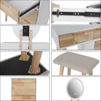 Schminktisch mit LED-Beleuchtung, 4 Schubladen, Spiegel & Hocker - Eiche