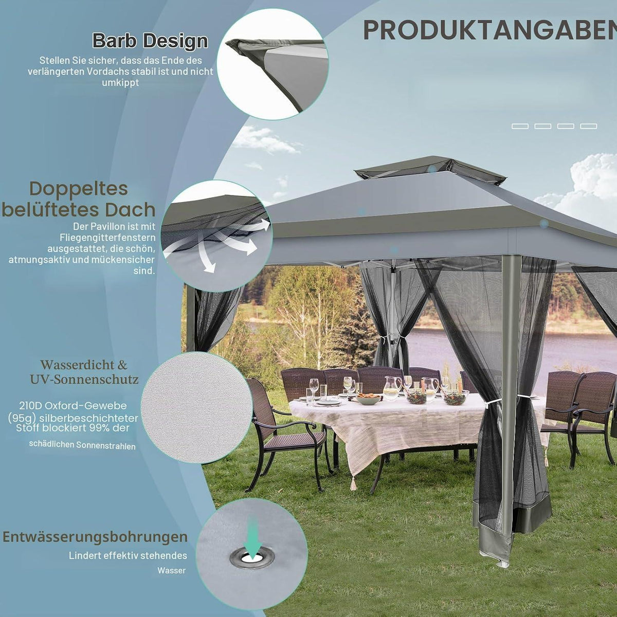 3x3m Pavillon wasserdicht mit Moskitonetz & Sandsäcken