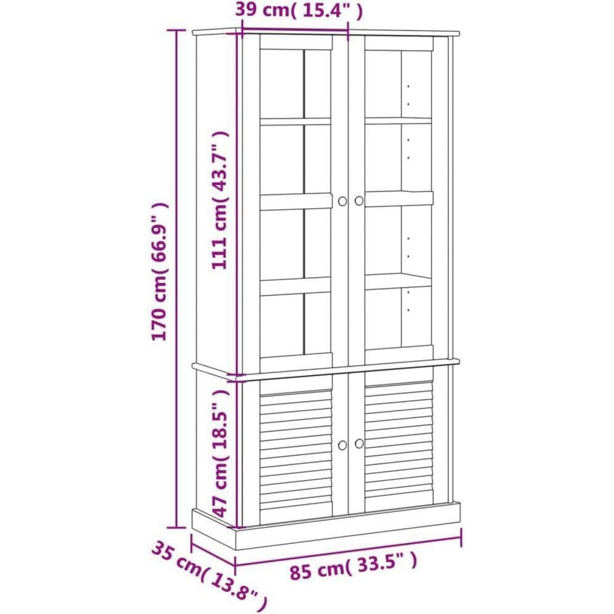 Vitrine Kiefer Massivholz 85x35x170 cm