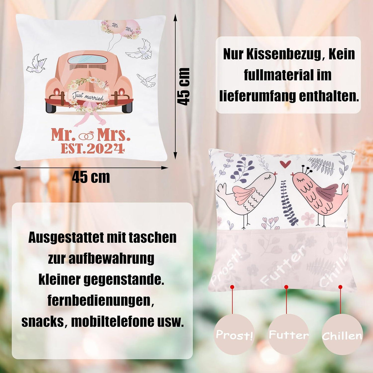 Hochzeitsgeschenk Kissenbezug 45x45 mit 3 Taschen Geld