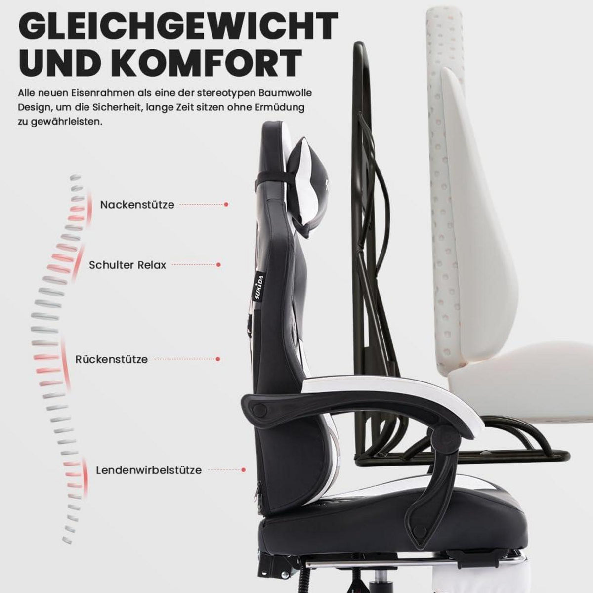 SUKIDA Gaming Stuhl mit Fußstütze, Höhenverstellbar, Schwarz