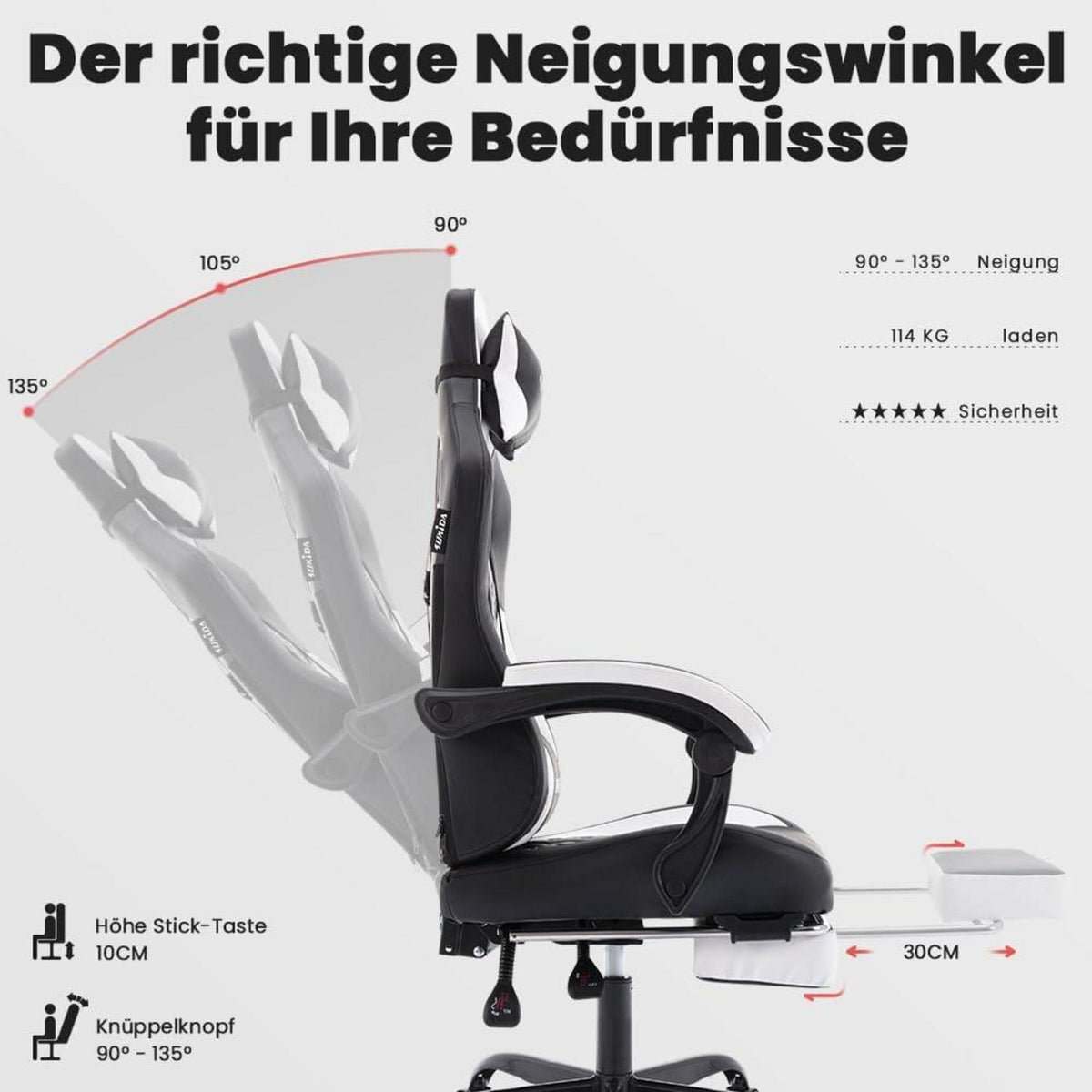 Ergonomischer Gaming-Stuhl mit Fußstütze & Kopfstütze - Schwarz