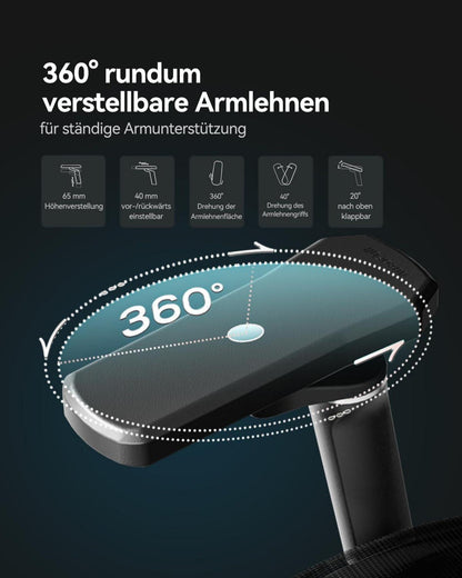 Ergonomischer Bürostuhl mit 6D-Lendenwirbelstütze und Fußstütze, silberfarben