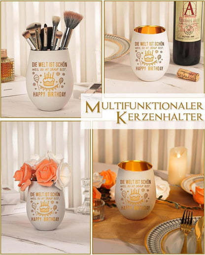 Windlicht mit Gravur für Frauen - Happy Birthday Teelichthalter