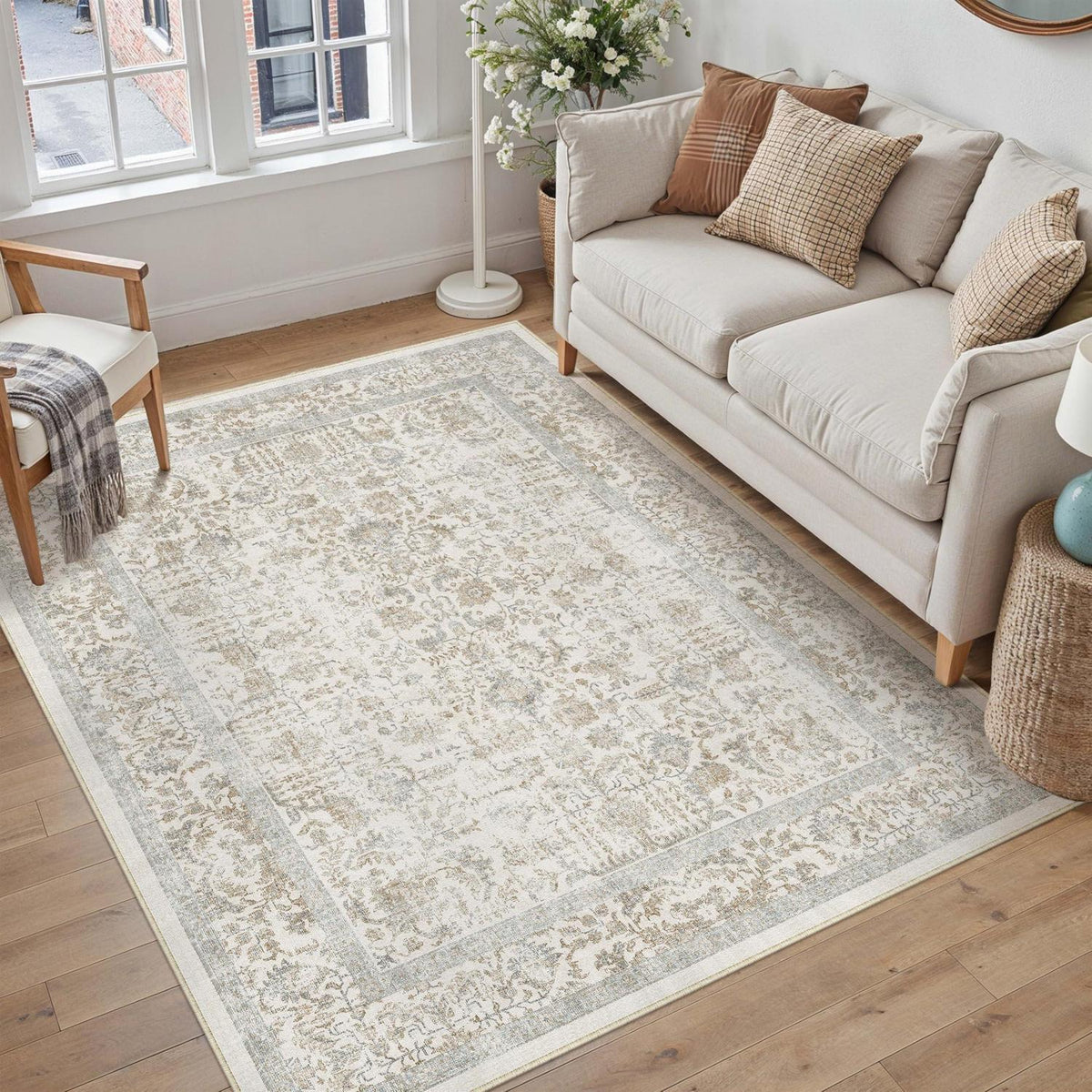 Vintage Teppich Taupe 150x210cm Waschbar | Wohnzimmer Teppich