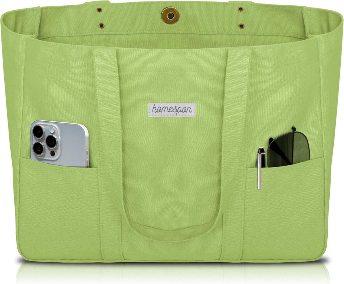 Canvas Tote Bag Damen Handtasche mit Laptop Fach Apfelgrün