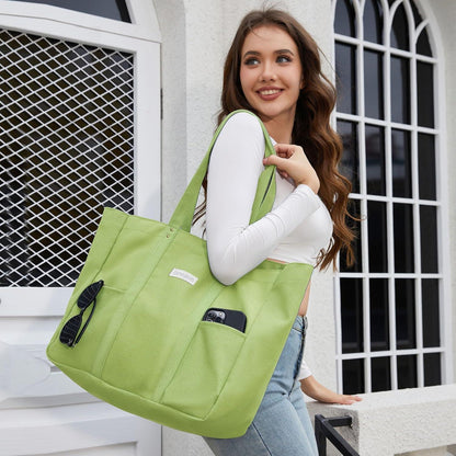 Canvas Tote Bag Damen Handtasche mit Laptop-Fach, Apfelgrün