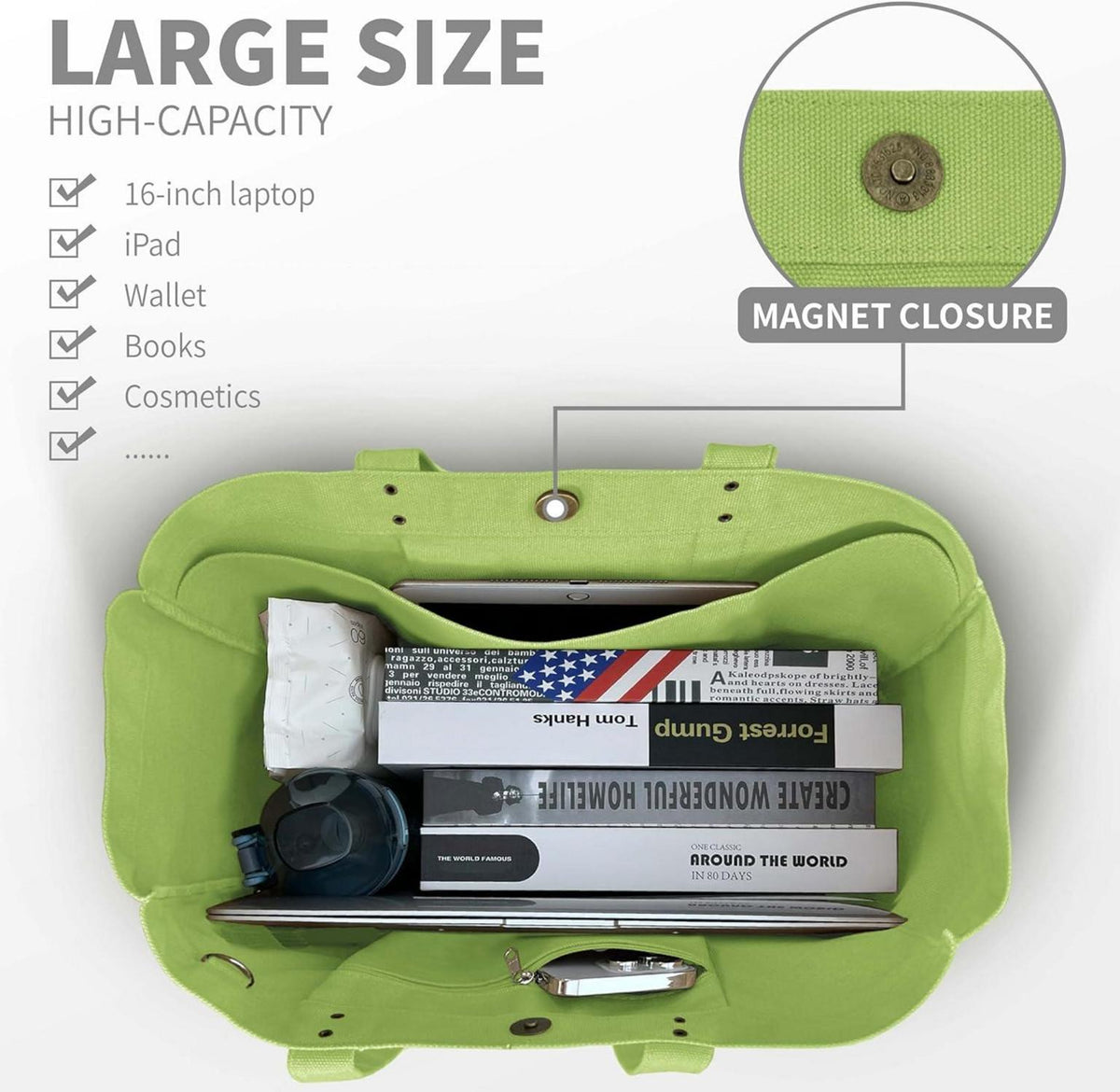 HOMESPON Damen Canvas Tote Bag mit Laptop Fach - Apfelgrün