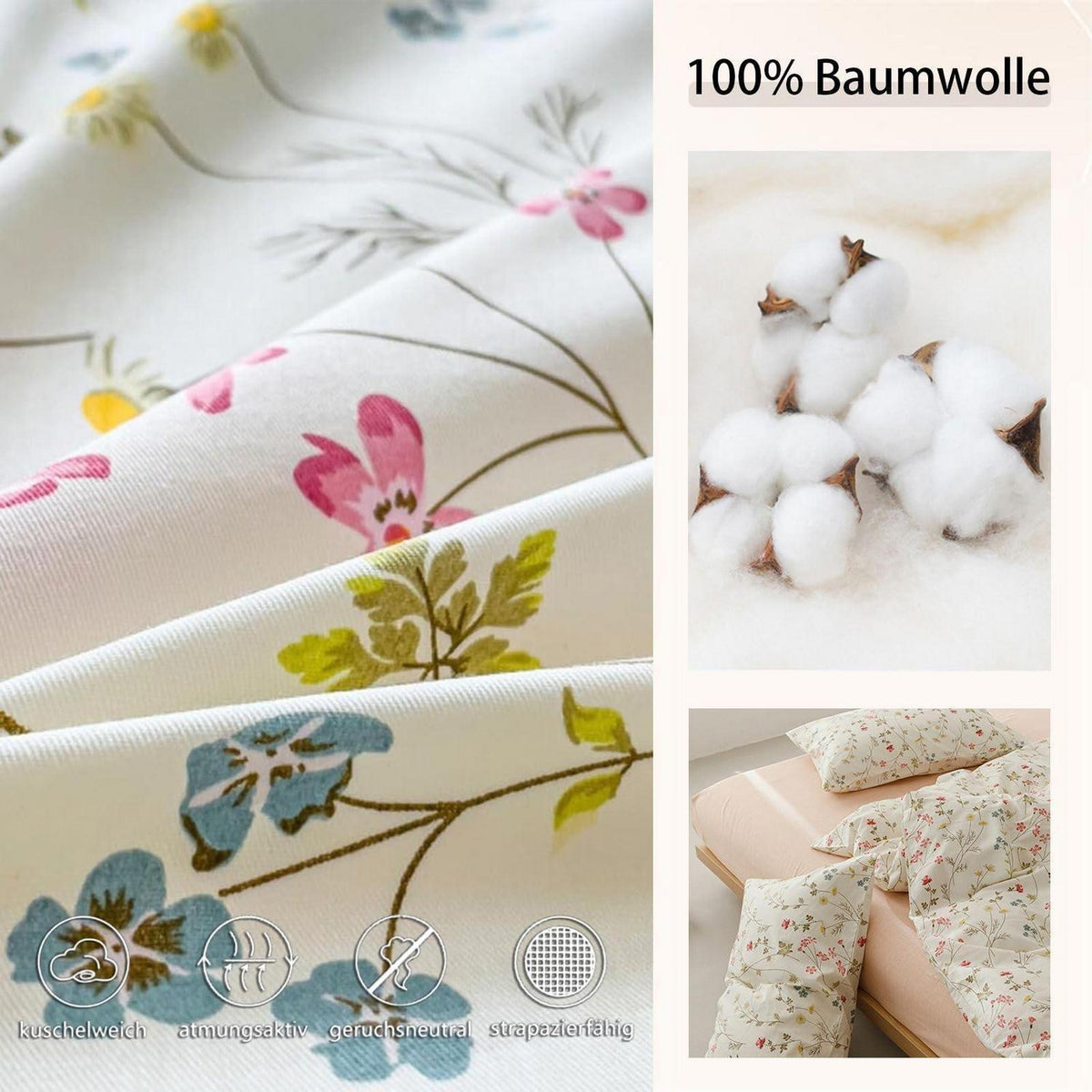 Baumwoll Bettwäsche Set Blumen Beige Rosa 155x220 cm