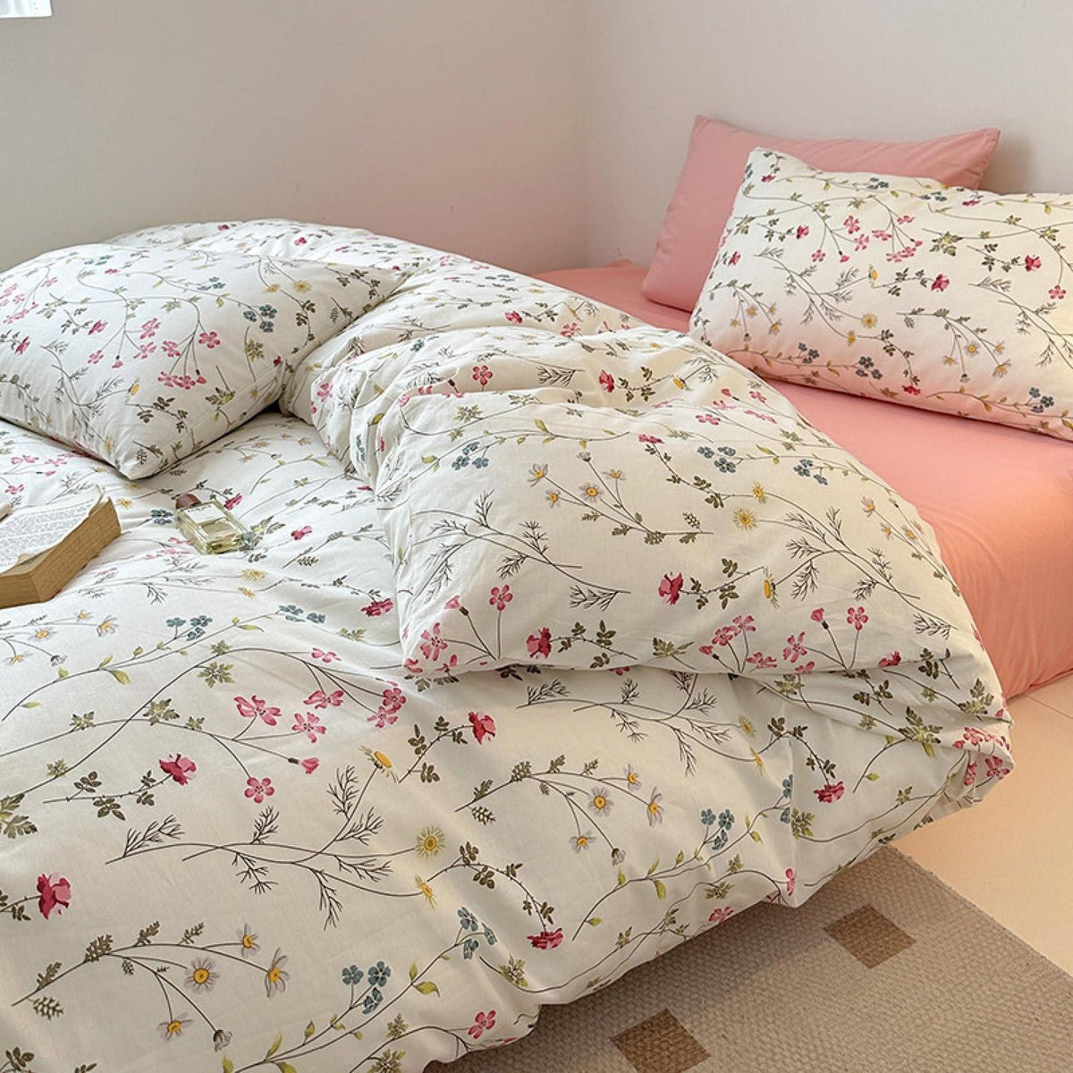 Baumwoll Bettwäsche Set Blumen Beige Rosa 220x240 cm