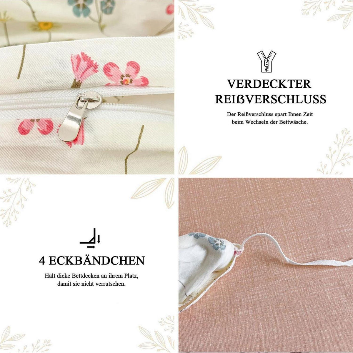 Baumwoll Bettwäsche Set Blumen Beige Rosa 220x240 cm
