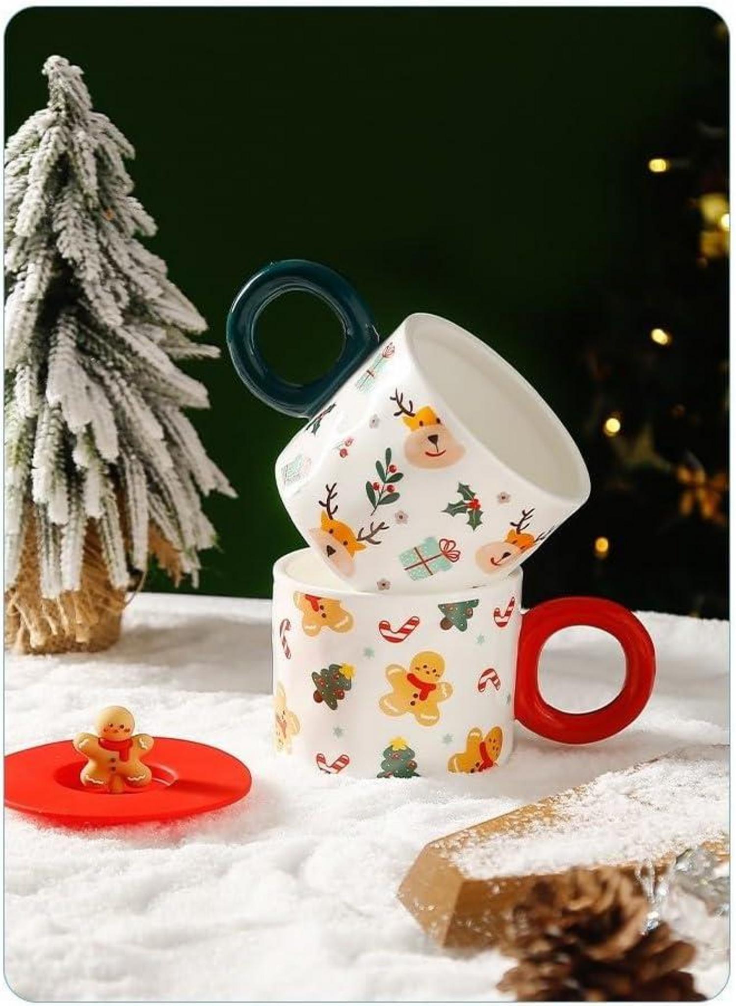 Weihnachtstasse Keramik Kaffeetasse Weihnachtsbecher Deckel 420ML