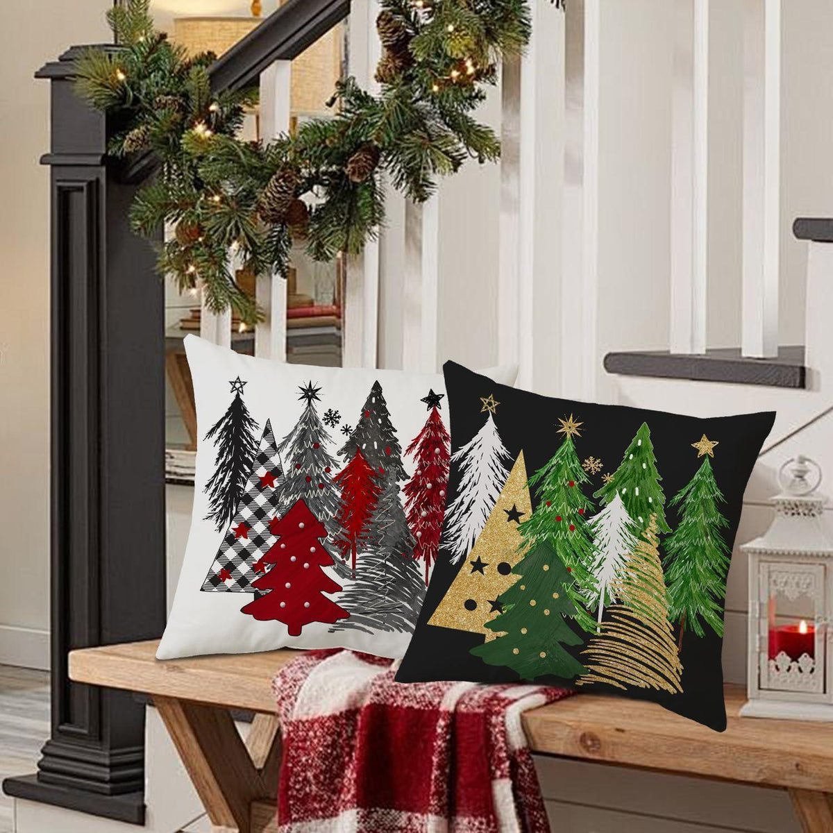 Weihnachtliche Kissenbezüge 60x60 cm - 2er Set mit Weihnachtsbaum