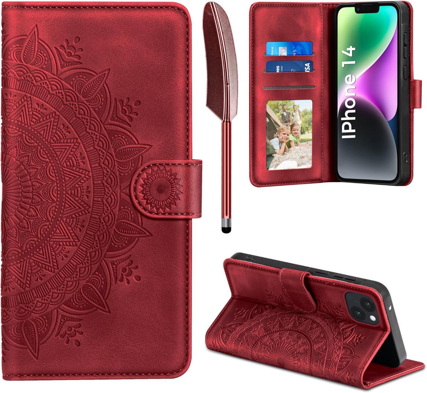 iPhone 14 Leder Flip Hülle Wallet Case mit Kartenfach Rot