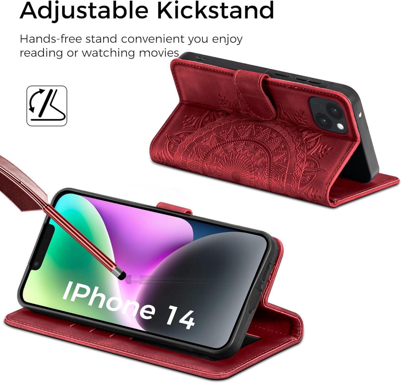 iPhone 14 Leder Flip Hülle Wallet Case mit Kartenfach Rot