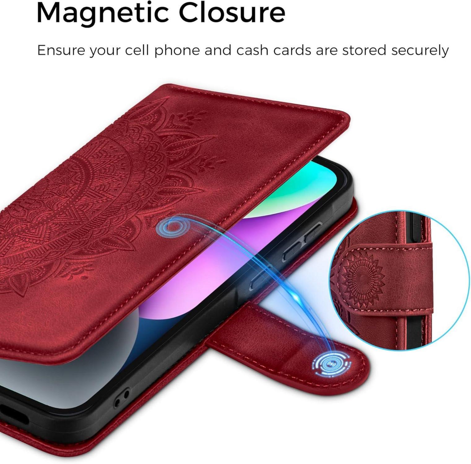 EASDNB iPhone 14 Lederhülle Wallet Case 6.1 Zoll Rot Schutzhülle
