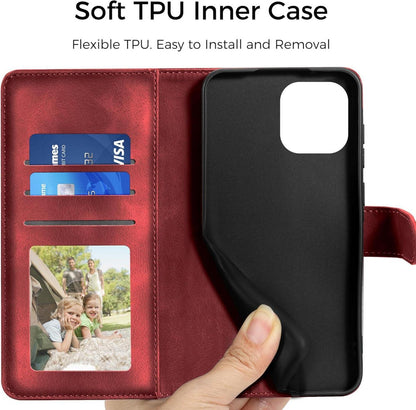 Lederhülle für iPhone 14 6.1 Zoll Wallet Case Standfunktion Rot