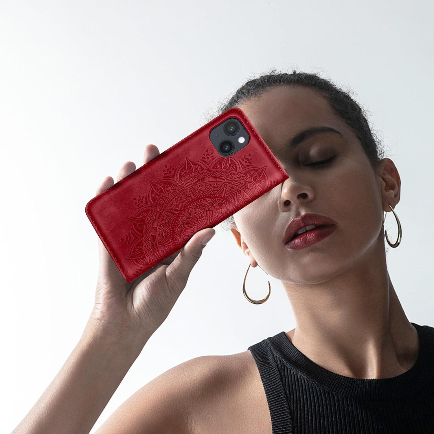 Lederhülle für iPhone 14 6.1 Zoll Wallet Case Standfunktion Rot