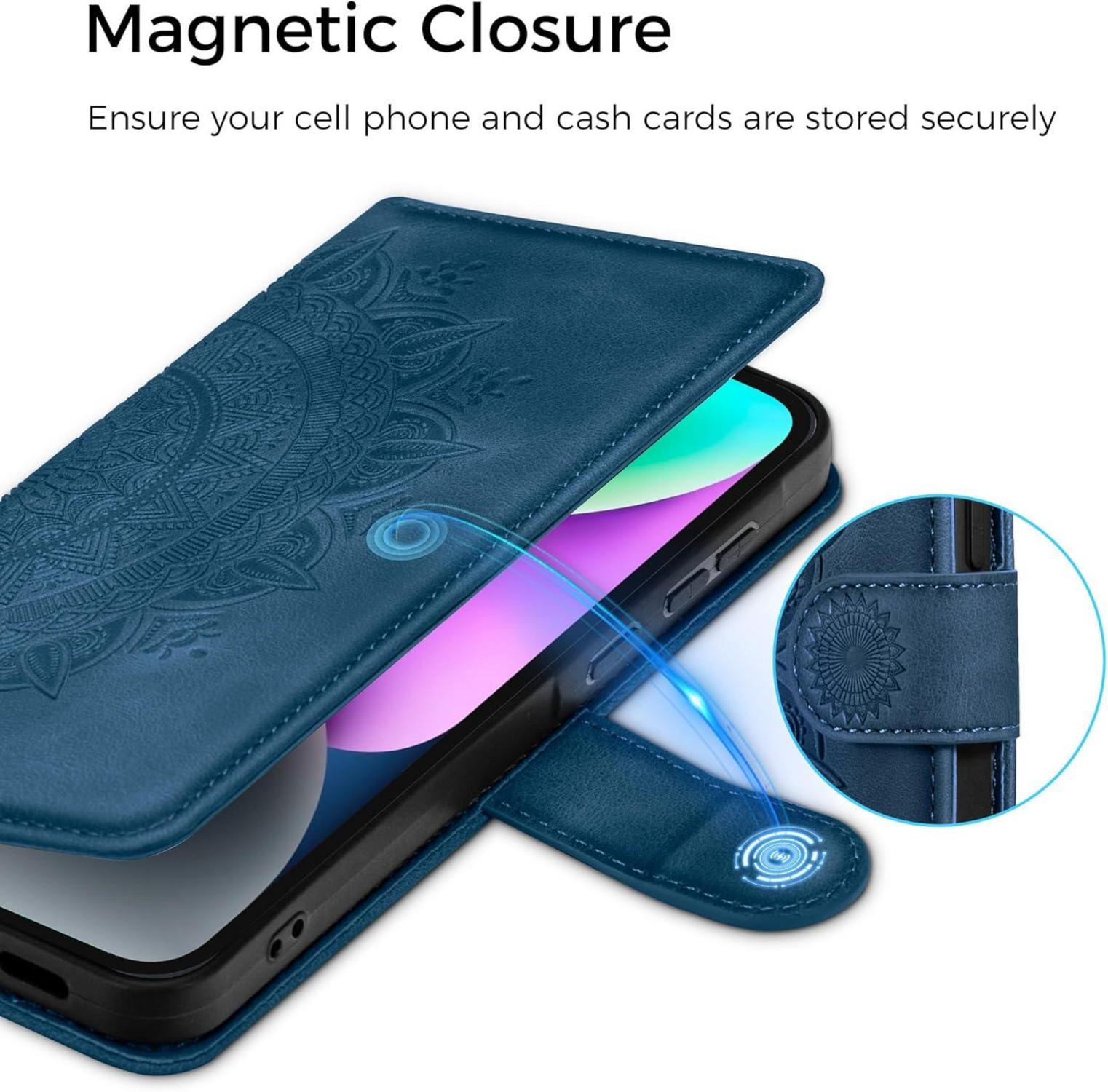 EASDNB Lederhülle für iPhone 14 Flip Wallet Case Dunkelblau 6.1 Zoll
