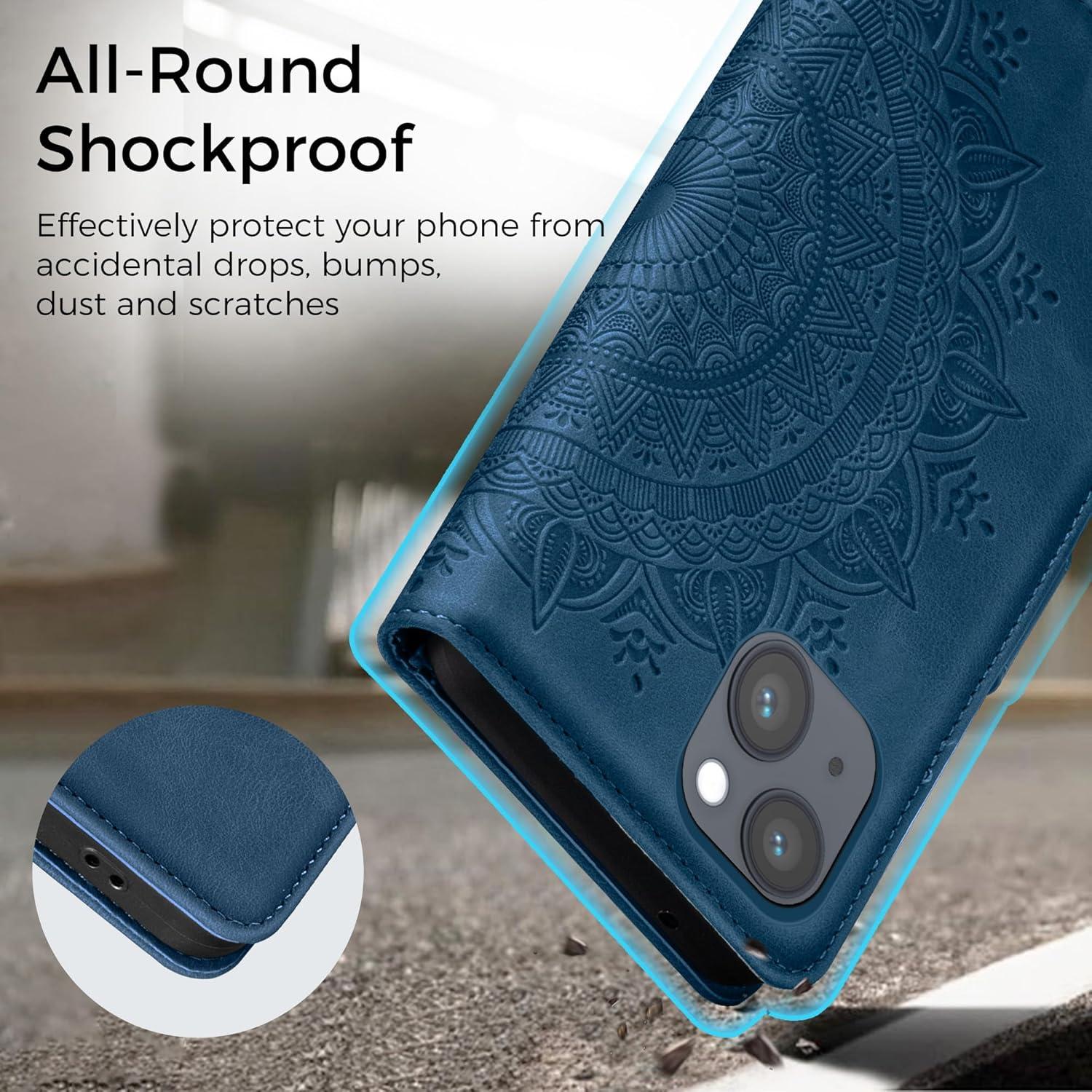 Lederhülle iPhone 14 Hülle Flip Wallet Schutzhülle 6.1 Zoll Dunkelblau
