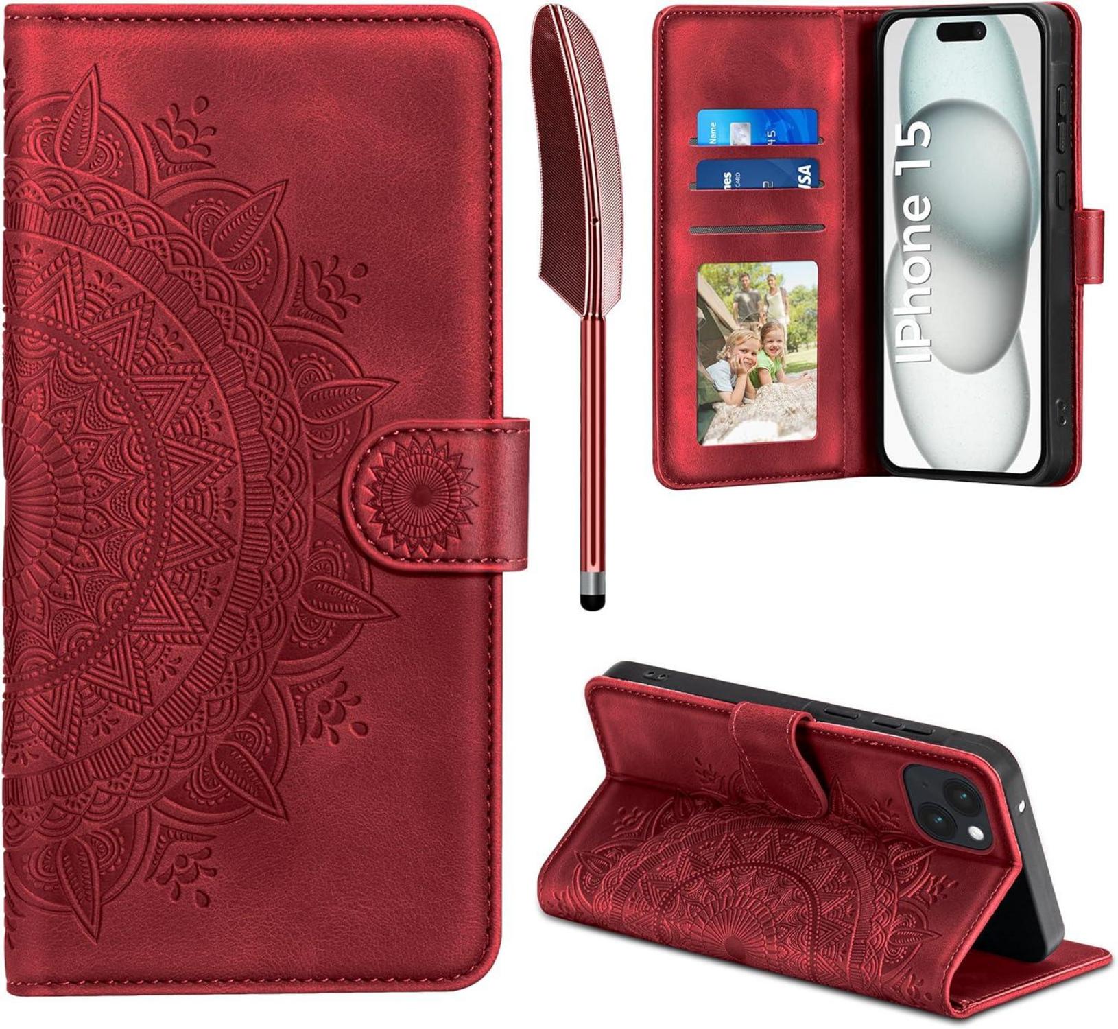 iPhone 15 Lederhülle Hülle Flip Wallet PU Case Rot 6.1 Zoll