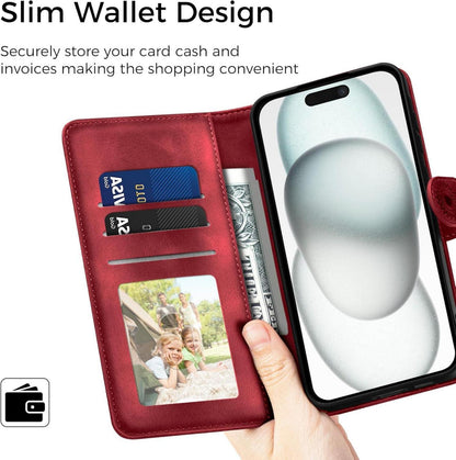 Lederhülle für iPhone 15 Flip Wallet PU Hülle 6.1 Zoll Rot