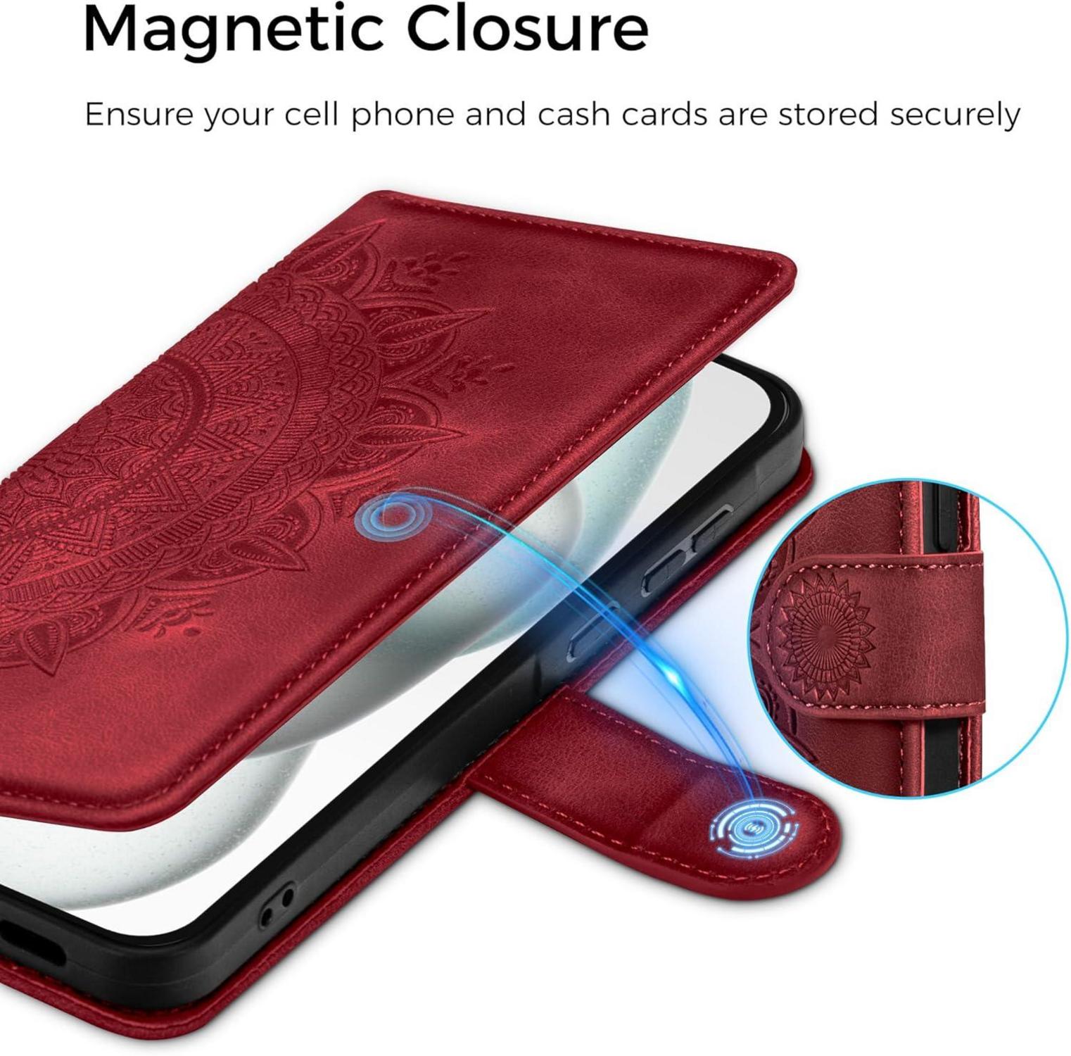 EASDNB iPhone 15 Lederhülle Wallet Case mit Standfunktion und Prägung, Rot 6.1 Zoll