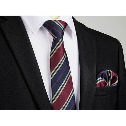 Herren Krawatte & Einstecktuch Set Gestreift Marineblau/Burgundy