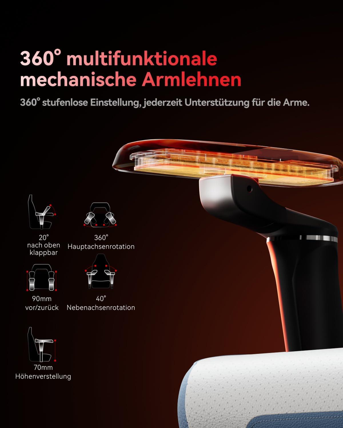 Gaming-Stuhl belüftet & beheizt mit 360° Armlehne, Lendenwirbelstütze