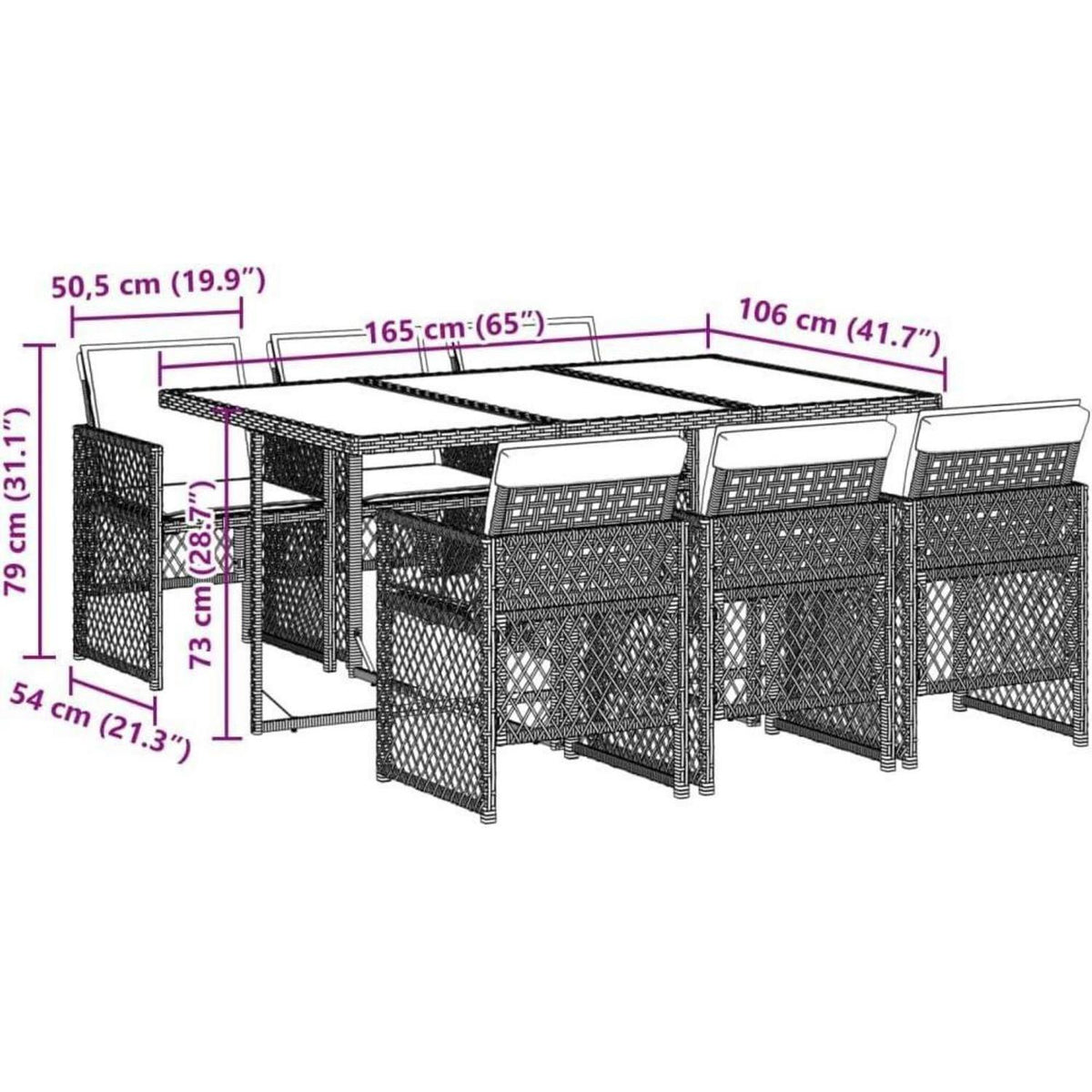 Garten Essgruppe 7-TLG. Poly Rattan mit Kissen & Glasplatte