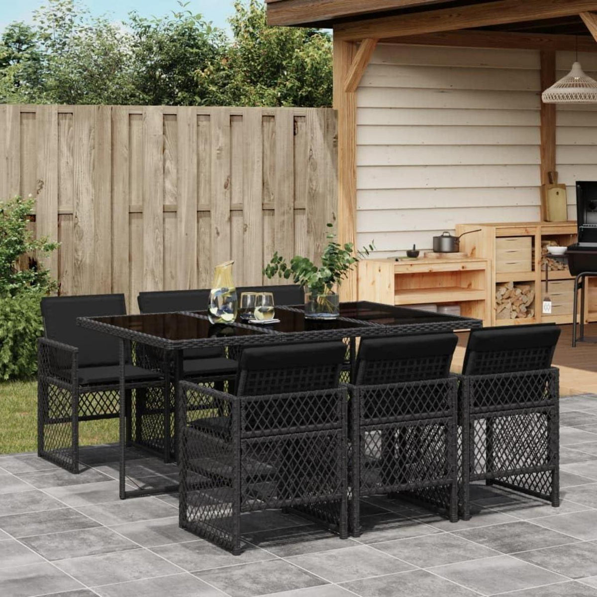 Garten Essgruppe 7-TLG. Poly Rattan mit Kissen & Glasplatte