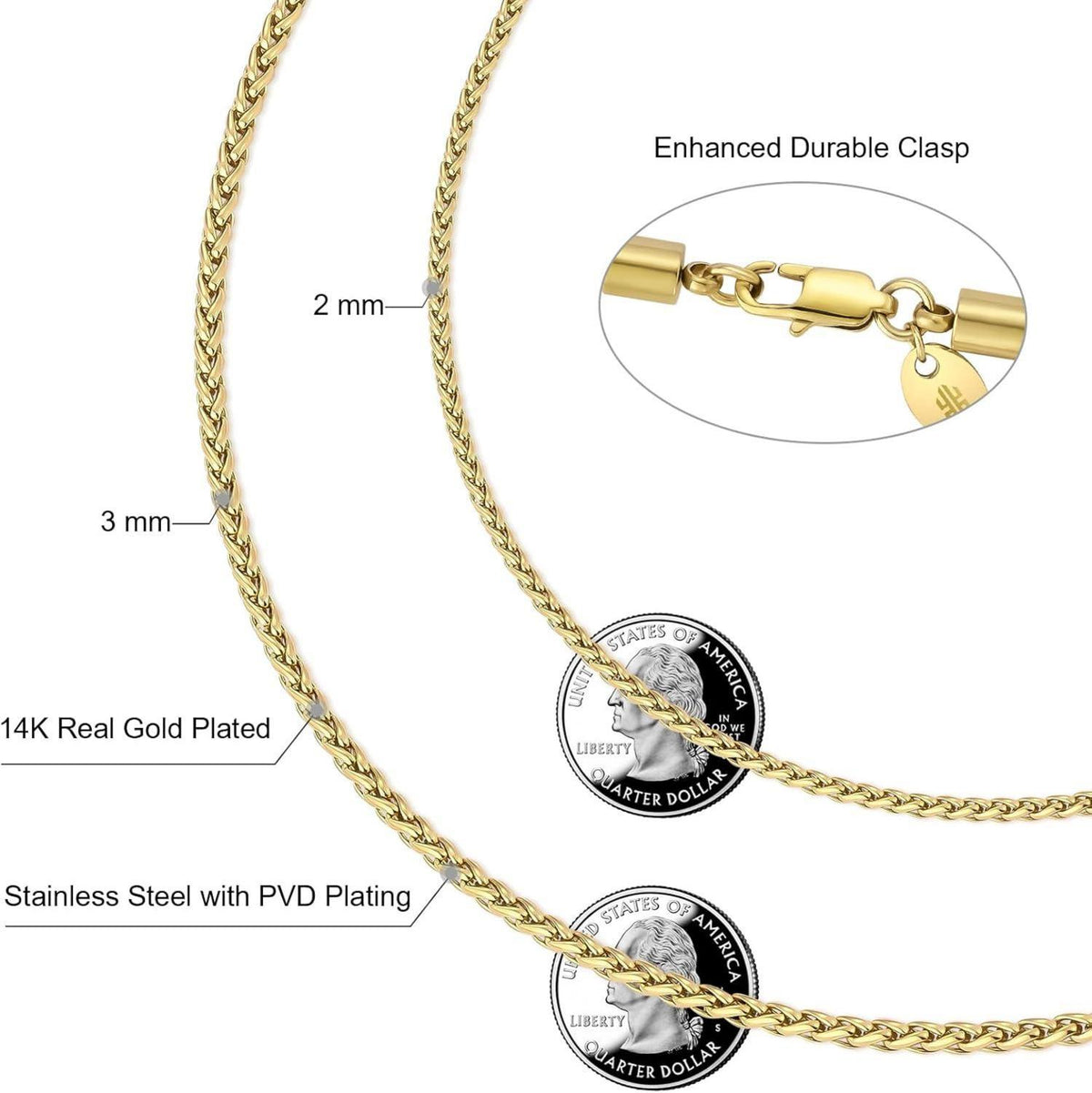 Dünne Goldkette Herren 18K Gold Edelstahl 45,7cm Zopfkette