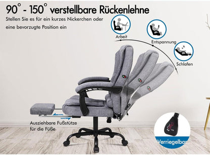 Ergonomischer Massage Bürostuhl Fußstütze 150° Neigung Grau