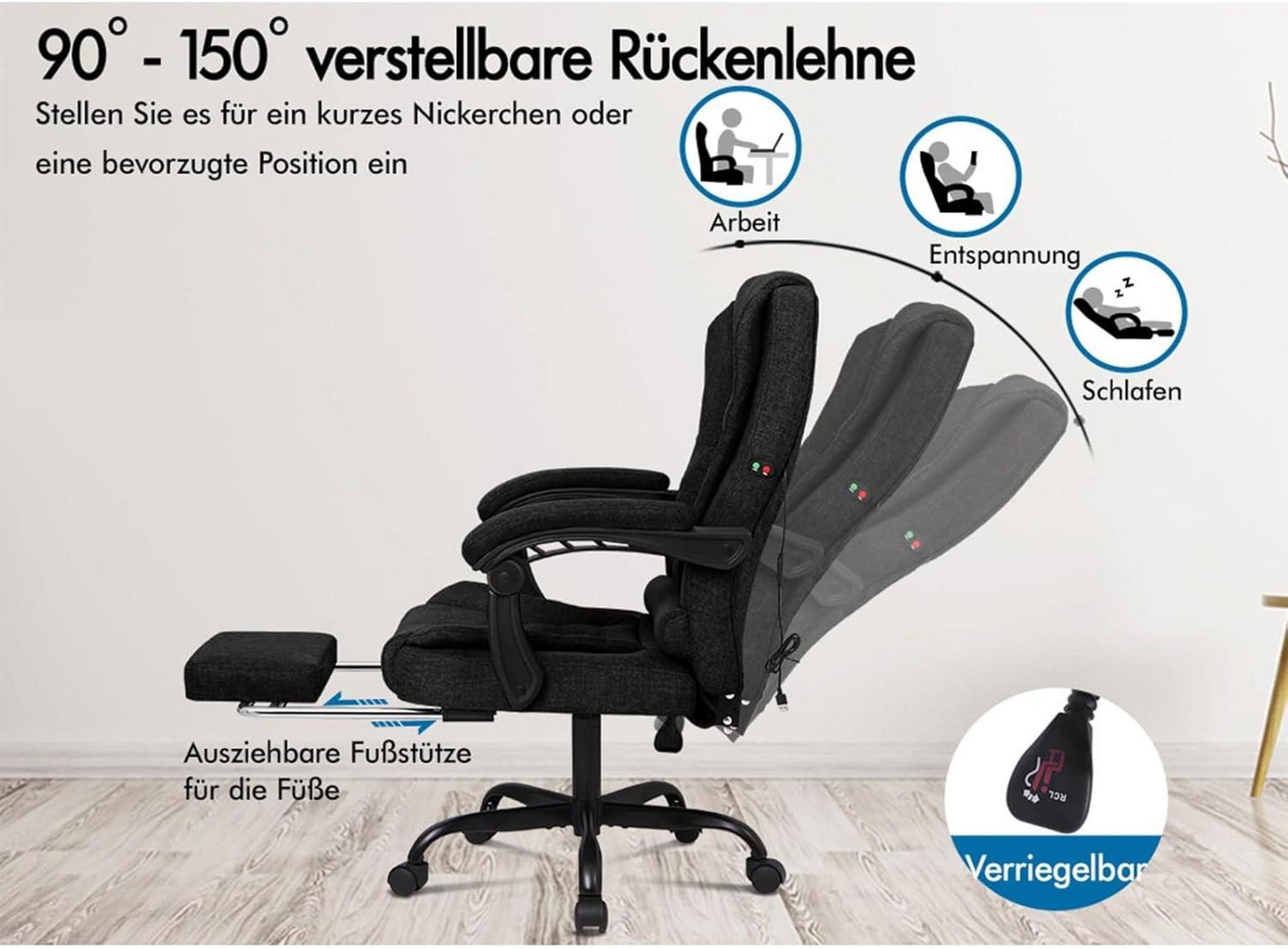 Ergonomischer Bürostuhl Massage Fußstütze 150° Neigung Schwarz-Samt