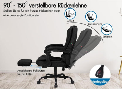 Ergonomischer Bürostuhl Massage Fußstütze 150° Neigung Schwarz-Samt