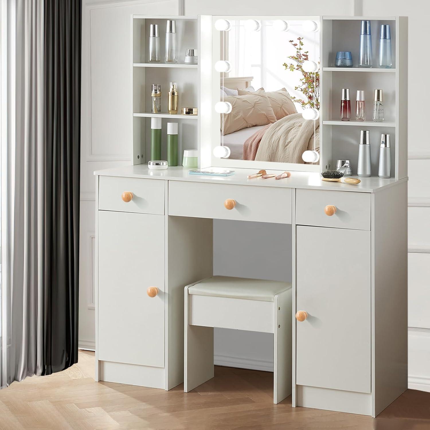 Schminktisch mit LED-Beleuchtung, Spiegel, Stuhl, 3 Schubladen, 6