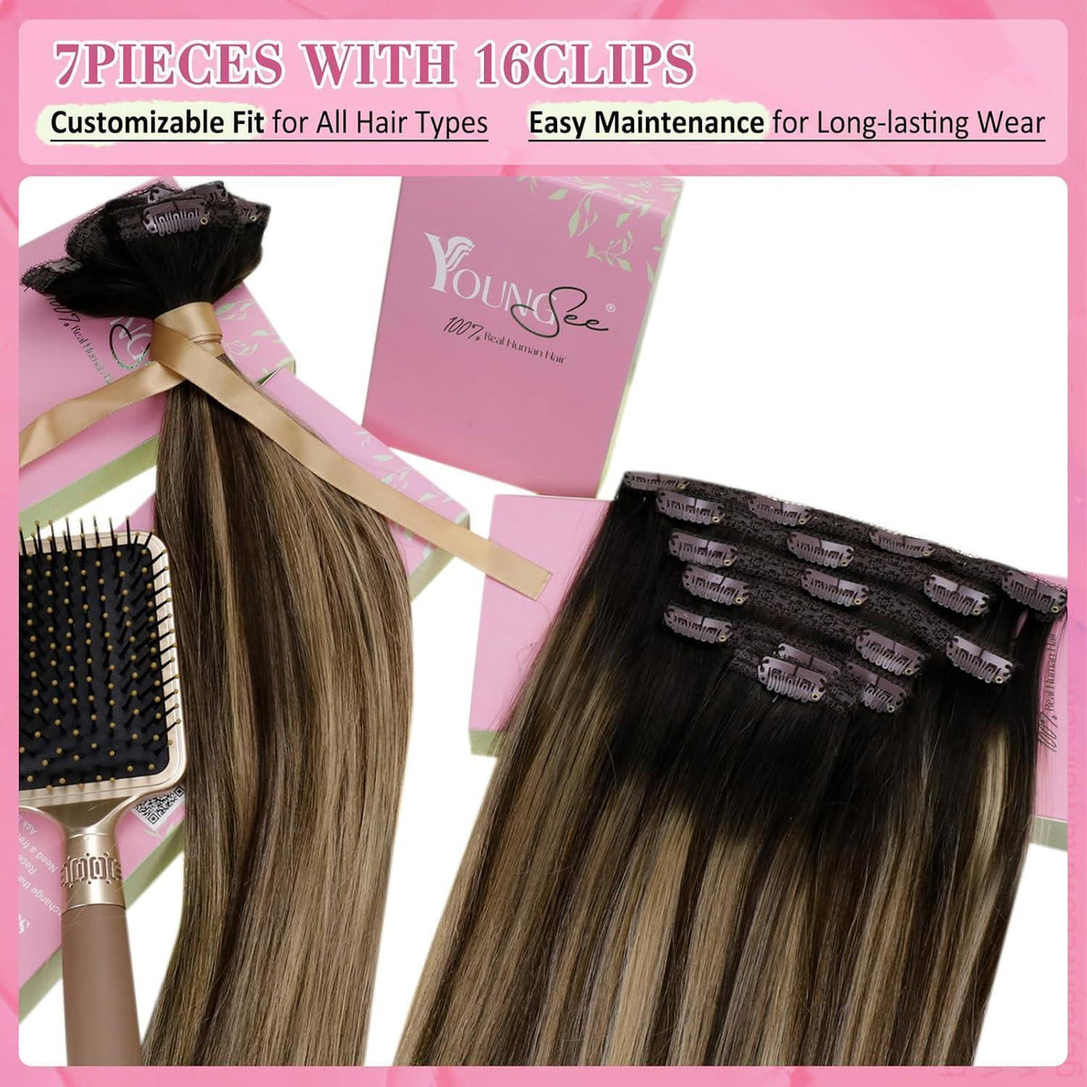 Clip-in Echthaar Extensions Balayage Schwarz Braun Blond 40cm