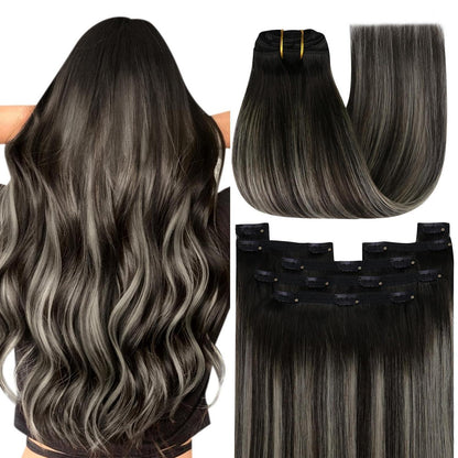 Clip-in Echthaar Extensions Ombre Schwarz Silber 45cm