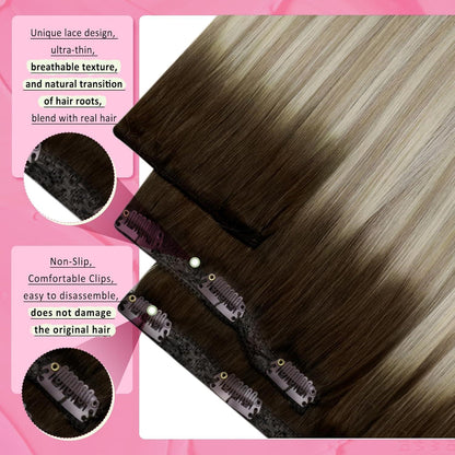 Clip-in Haarverlängerung Echthaar Balayage Dunkelbraun Blond 55cm