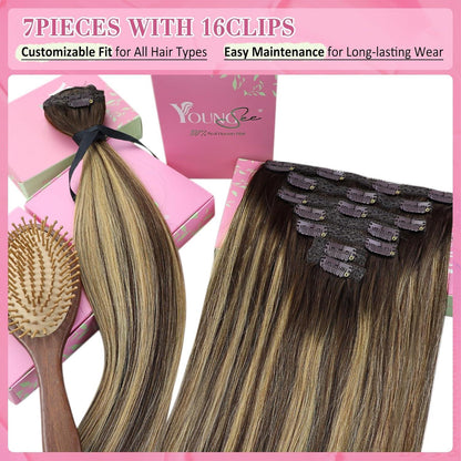Echthaar Clip-in Extensions Ombre Dunkelbraun Karamellblond 50cm