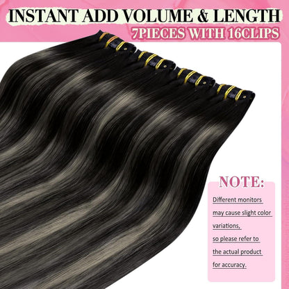 Echthaar Clip-in Extensions Ombre Schwarz Silber 55cm