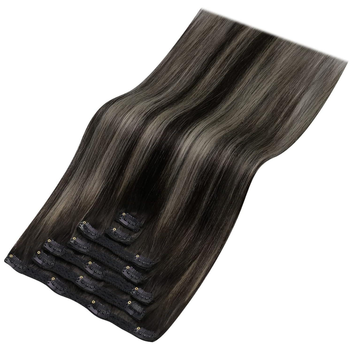 Echthaar Clip-in Extensions Ombre Schwarz Silber 55cm