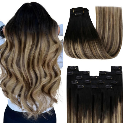 Clip-in Echthaar Extensions Ombre Schwarz Braun Blond 50cm