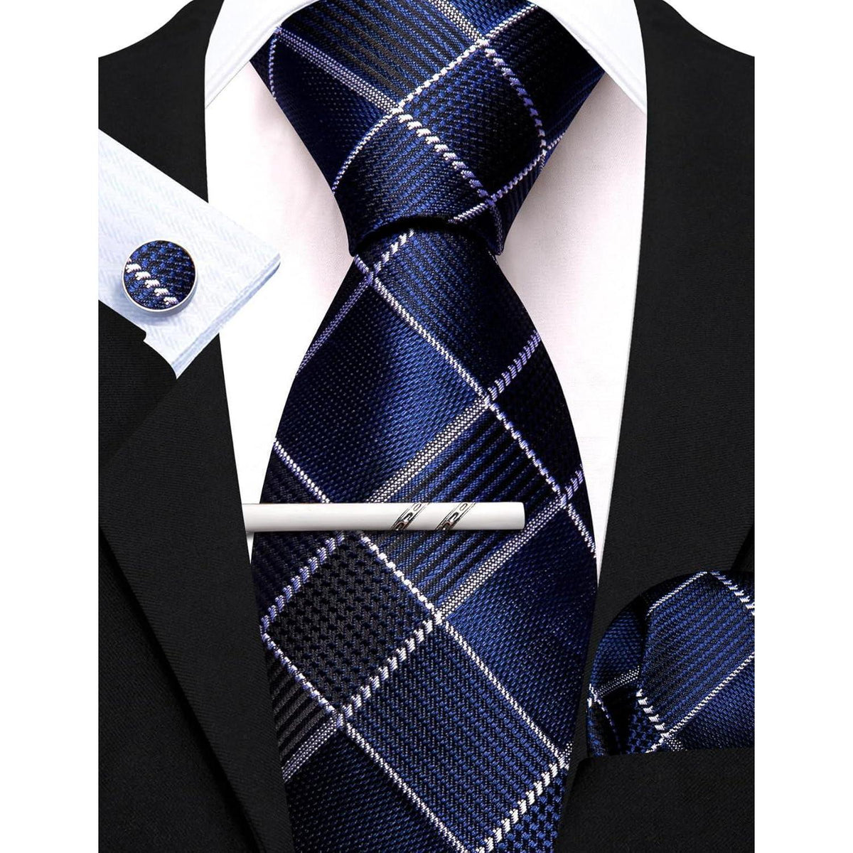 Herren Krawatten Set Seide Paisley Blau Weiß Kariert mit Einstecktuch Manschettenknöpfen